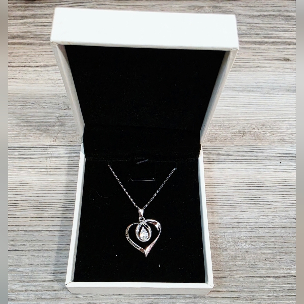 Sterling Silver Heart Pendant I Love You Mom Necklace with Teardrop Crystal